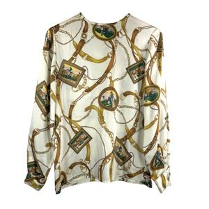 VTG Tess Equestrian Print Long Sleeve Blouse sz 4 Chain Horse Riding satin‎